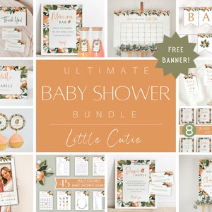 Little Cutie Baby Shower Invitation Bundle, Editable Cutie Baby Shower Bundle, Orange Baby Shower Decor Kit, Baby Shower Invite Set Download