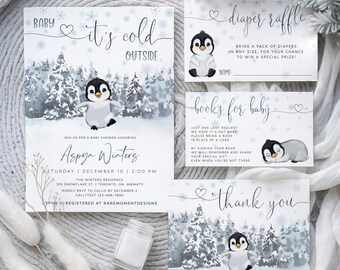 Winter Baby Shower Invitation Template, Arctic Penguin Baby Shower Invitation Bundle, Baby Its Cold Outside Winter Gender Neutral Invite Set
