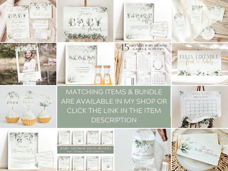May include: Greenery themed baby shower printable signs and games. The signs feature a watercolor style floral design with gold accents. The games include a diaper raffle, a guess the baby food game, and a guess the baby's birth date game.