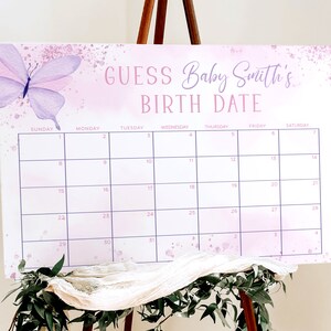 Mariposa Baby Shower Adivina la señal de fecha de vencimiento, Pequeña mariposa Adivina la llegada Juego de baby shower, Tablero de calendario de predicción de bebé imprimible