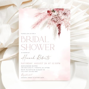 Boho Bridal Shower Invitation, Editable Pink Bridal Shower Invite Template, Bohemian Bridal Shower Invite, Printable Bridal Brunch Invites
