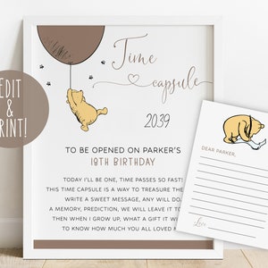 Classic Winnie The Pooh 1st Birthday Time Capsule Sign, Time Capsule And Letter Template, Pooh Bear Birthday Signage, Printable Time Capsule