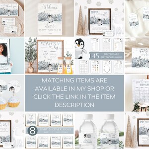 K&ouml;nnte beinhalten: Ein Set druckbarer Babyparty-Dekorationen mit Pinguin-Motiv. Die Dekorationen umfassen Einladungen, Willkommens-Schilder, Essensschilder, Spiele und Wasserflaschenetiketten. Das Design zeigt einen Pinguin in einer verschneiten Waldlandschaft.