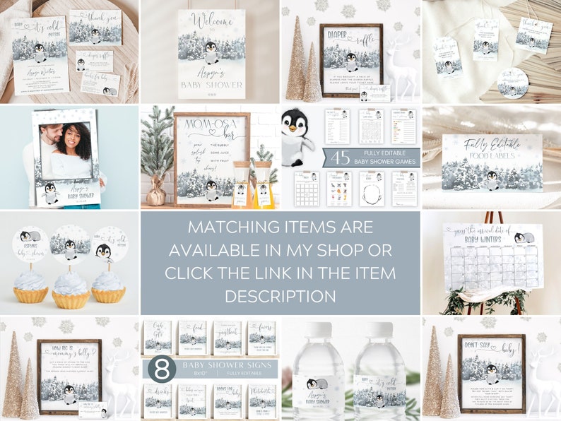 K&ouml;nnte beinhalten: Ein Set druckbarer Babyparty-Dekorationen mit Pinguin-Motiv. Die Dekorationen umfassen Einladungen, Willkommens-Schilder, Essensschilder, Spiele und Wasserflaschenetiketten. Das Design zeigt einen Pinguin in einer verschneiten Waldlandschaft.