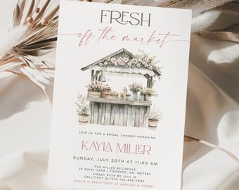 Faire-part de douche nuptiale fraîchement sorti du marché, invitation de douche nuptiale de printemps, invitation elle est hors du marché, invitation de marché paysan floral rose
