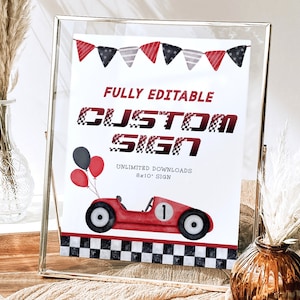 Snelle een verjaardag teken sjabloon, snelle een 1e verjaardag aangepaste tafel teken, bewerkbare race auto verjaardag 8 x 10 teken, afdrukbare partij poster DIY