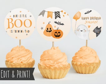 Our Little Boo Is Turning Two Cupcake Toppers, Editable Halloween Birthday Toppers, Printable Kids Spooky Party Dessert Toppers, 2nd Boo Day