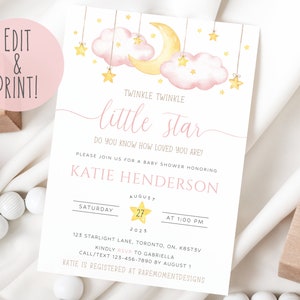 Twinkle Twinkle Little Star Baby Shower Invitation, Printable Girl Pink Clouds Shower Evite, Digital Moon and Stars Baby Shower Invitation