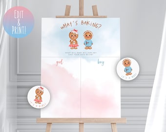 Peut inclure: Un panneau de révélation du sexe sur un chevalet. Le panneau présente des illustrations à l'aquarelle de bonhommes en pain d'épices et le texte "WHAT'S BAKING ?". Il comprend des sections pour voter "fille" ou "garçon", et des autocollants.