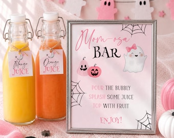 Pink Little Boo Baby Shower Mom-osa Bar Sign Template, Printable Halloween Shower Table Sign, Spooky Baby Shower Mimosa Sign, Momosa Bar DIY