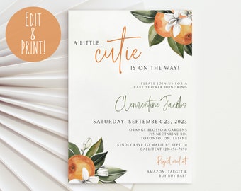 Könnte beinhalten: Eine Babyparty-Einladung mit einer Aquarell-Illustration von Orangenblüten und dem Text "A little cutie is on the way!"  Bitte schließen Sie sich uns zu einer Babyparty zu Ehren von Clementine Jacobs an. Samstag, 23. September 2023. Orange Blossom Gardens, 715 Nectarine Rd, Toronto, ON. L8T4N8. Bitte melden Sie sich bis zum 10. September bei Marie an. Rufen Sie an/Senden Sie eine SMS an 123-456-7890. Registriert bei Amazon, Target & Buy Buy Baby.
