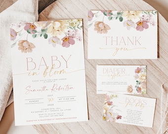 May include: A baby shower invitation with floral designs in shades of pink and yellow. The invitation reads "Baby in Bloom" and includes the date, time, and location of the shower. The text "Samantha Robertson" is written in cursive.