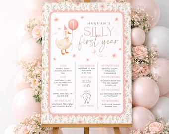 Tabellone per le tappe del compleanno di One Silly Goose, cartello per il primo compleanno di una bambina, cartello stampabile floreale vintage di Silly Goose, poster per il primo anno