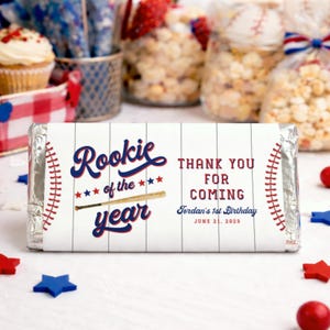 Rookie of the Year First Birthday Chocolate Bar Wrapper Template, Boy 1st Birthday Custom Chocolate Labels, Baseball Birthday Party Favors