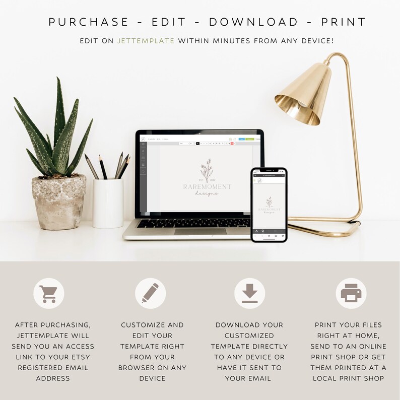 May include: A laptop and smartphone display a template design with the text "RAREMOMENT designs." The image also features a gold desk lamp, a potted plant, and text that reads "Purchase - Edit - Download - Print." Instructions are provided for editing and printing.