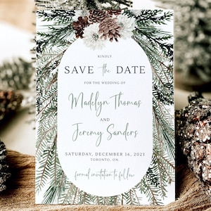 Winter Wedding Save The Date Template, Christmas Save Our Date Wedding Announcement, Editable Rustic Evergreen Pine Tree Save The Dates Card