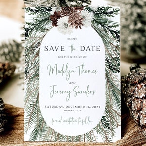 Winter Hochzeit Save The Date Vorlage, Weihnachten Save Our Date Hochzeitsankündigung, bearbeitbare rustikale Evergreen Pine Tree Save The Date Karte