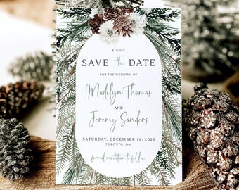 Winter Wedding Save The Date Template, Christmas Save Our Date Wedding Announcement, Editable Rustic Evergreen Pine Tree Save The Dates Card