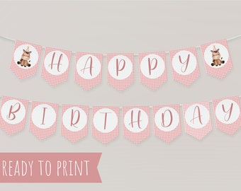 Pink Farm 1st Birthday Happy Birthday Banner, Farm Animals Party Printable Banner, Girls Barnyard Bash Banner Digital Download, Party Decor