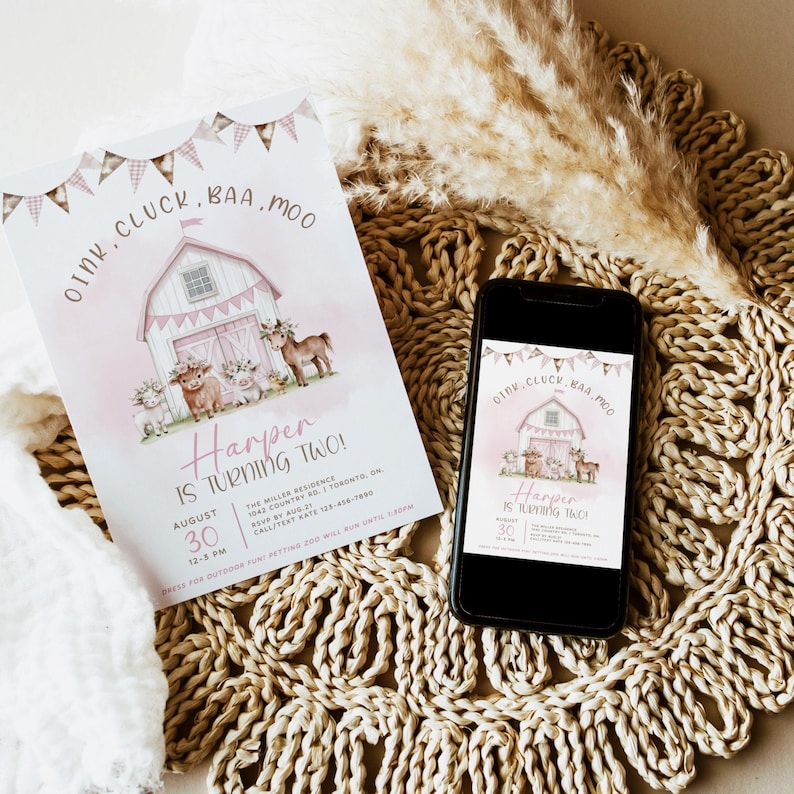 Floral Farm Birthday Invitation, Pink Farm Animal Birthday Invitation Template, Boho Farm Birthday Invite, Girl 2nd Birthday Digital Evite image 6