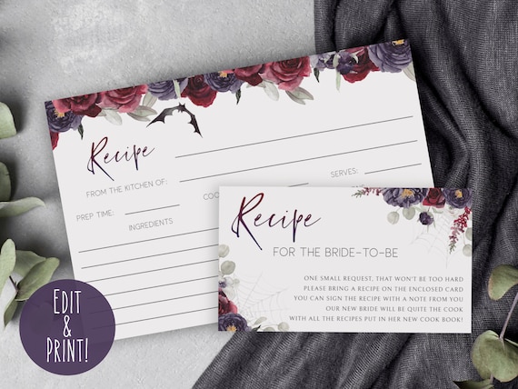 Halloween Bridal Shower Recipe Card Insert, Spooky Bridal Shower Recipe Card Template, Printable Gothic Bridal Shower Recipe Request Set