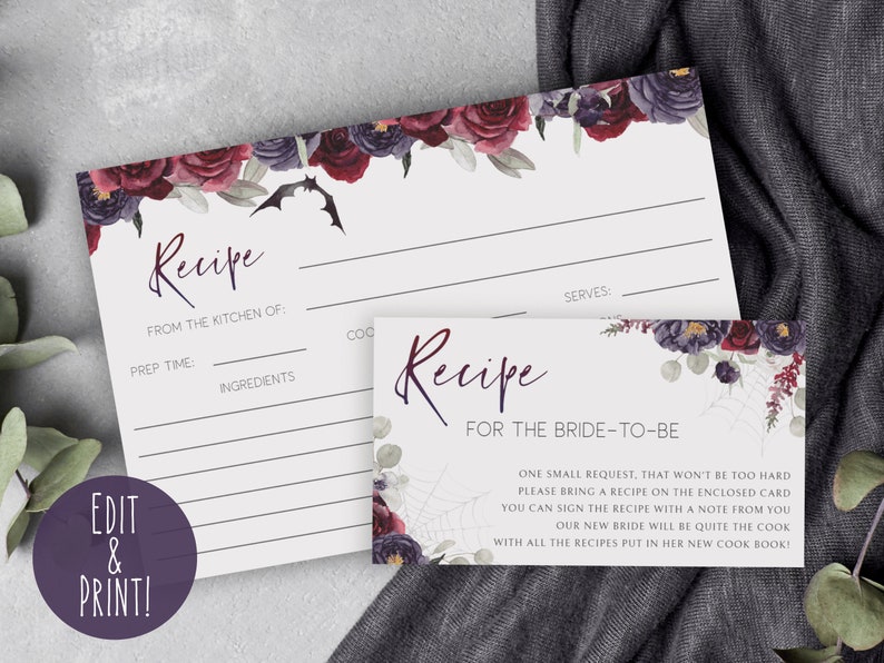 May include: Two printable recipe cards with a floral and bat design. The top card has a space for the recipe title, prep time, ingredients, and serving size. The bottom card has the text "Recipe for the Bride-to-Be" and instructions for guests to bring a recipe to the wedding.