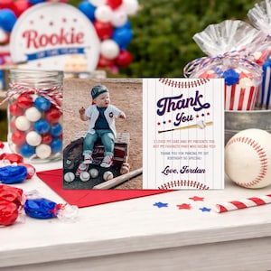 Rookie of the Year First Birthday Thank You Card, Baseball Thank You Card Template, Picture Thank You Card, Boy 1st Birthday Thank You Note