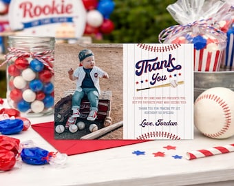 Rookie of the Year First Birthday Thank You Card, Baseball Thank You Card Template, Picture Thank You Card, Boy 1st Birthday Thank You Note