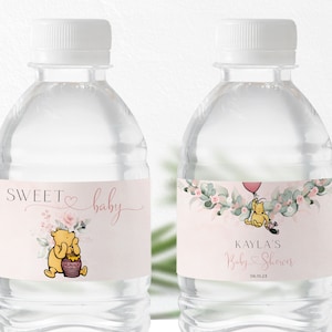 Classic Winnie The Pooh Baby Shower Water Bottle Labels, Girl Baby Shower Editable Labels, Pink Winnie-The-Pooh Water Bottle Label Template