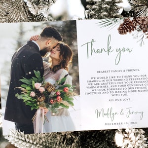 Winter-Hochzeits-Dankeskarte, Weihnachtshochzeits-Dankeskarten mit Foto, bearbeitbare DIY-Dankeschön-Hochzeitstag-Dankeschön-Vorlage