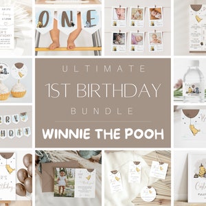 Classic Winnie The Pooh 1st Birthday Bundle, Printable Winnie The Pooh 1st Birthday Invitation, Winnie The Pooh First Birthday Download DIY
