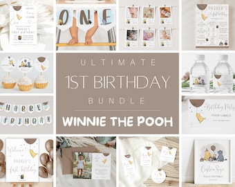 Classic Winnie The Pooh 1st Birthday Bundle, Printable Winnie The Pooh 1st Birthday Invitation, Winnie The Pooh First Birthday Download DIY