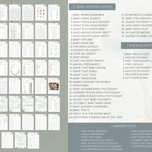 May include: A printable set of 37 baby shower games with a green floral design. The games include baby word scramble, baby word search, what would she rather, what is on your phone, what is in your purse, who knows mommy best, who knows daddy best, baby item abc, baby name abc, the price is right, mommy or daddy, over or under, baby bingo, find the guest bingo, animal pregnancy, name that baby animal, name that song, name that tune, baby traditions, babies around the world, draw baby, baby shower emoji pictionary, nursery rhyme emoji pictionary, children's book emoji pictionary, guess that baby celebrity, celebrity baby name game, baby shower charades, baby traits, what is in the diaper bag, how many candies are in the jar, baby predictions, wishes for baby, first year bucket list, time capsule, advice for mommy, advice for daddy, prayers for baby, lets make a baby.