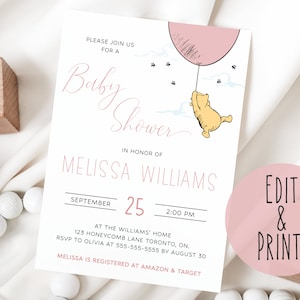 Classic Winnie The Pooh Baby Shower Invitation Template, Girl Baby Shower Invitation, Printable Winnie The Pooh Pink Baby Shower Invite DIY
