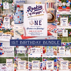 Rookie of the Year First Birthday Invitation Bundle, Editable Baseball 1st Birthday Invitation Set, Rookie Year First Birthday Canva Decor