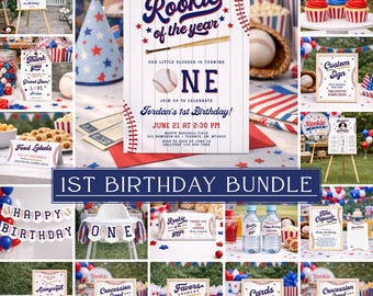 Rookie of the Year First Birthday Invitation Bundle, Editable Baseball 1st Birthday Invitation Set, Rookie Year First Birthday Canva Decor