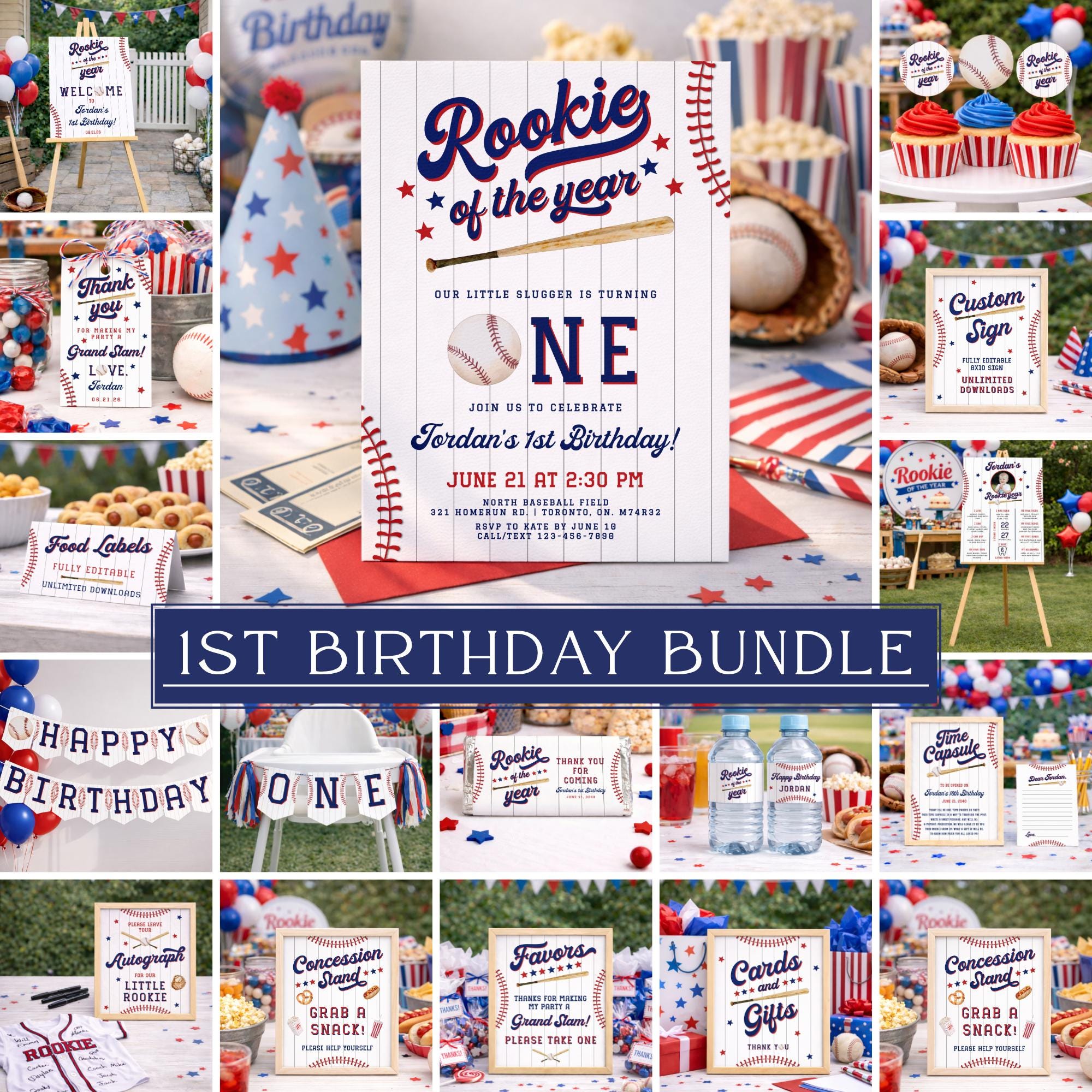 Rookie of the Year First Birthday Invitation Bundle, Editable Baseball ...