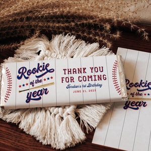 Rookie des Jahres Schokoriegel-Wrapper-Vorlage für den ersten Geburtstag, benutzerdefinierte Schokoladenetiketten für Jungen zum 1. Geburtstag, Baseball-Geburtstagsgeschenke