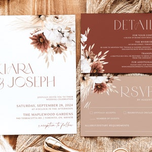 Terracotta Wedding Invitation, Fall Wedding Invitation Template, Boho Floral Wedding Suite, Pampas Wedding Invite Set, Autumn Wedding Bundle