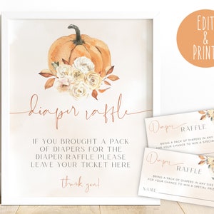 Plantilla de rifa de pañales de baby shower de calabaza, letrero de rifa de pañales de baby shower de otoño, boletos para rifa de pañales tema de calabaza, señalización de ducha de otoño