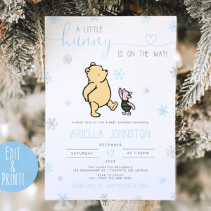 Invitaciones clásicas de Winnie The Pooh Baby Shower, plantilla de invitación de baby shower de invierno, invitación de baby shower de copo de nieve azul, oso Pooh de invierno