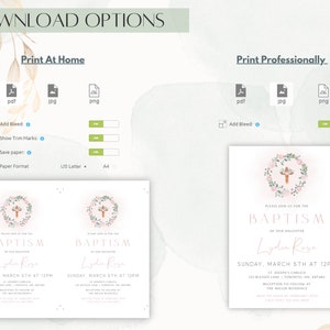 Peut inclure: Invitation de bapt&ecirc;me imprimable avec un design de couronne florale et de croix. L'invitation est pour une petite fille nomm&eacute;e Lydia Rose et comprend la date, l'heure et le lieu du bapt&ecirc;me. L'invitation est disponible aux formats PDF, JPG et PNG.
