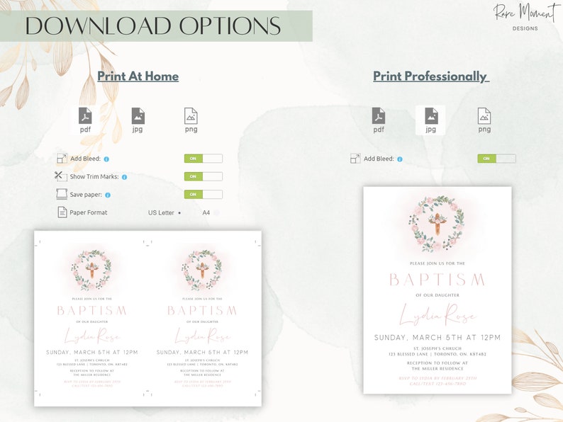 Peut inclure: Invitation de bapt&ecirc;me imprimable avec un design de couronne florale et de croix. L'invitation est pour une petite fille nomm&eacute;e Lydia Rose et comprend la date, l'heure et le lieu du bapt&ecirc;me. L'invitation est disponible aux formats PDF, JPG et PNG.