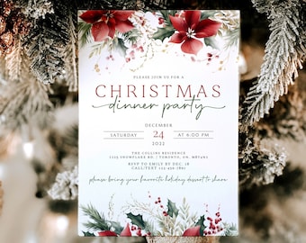 Christmas Dinner Party Invitation Template, Christmas Party Printable Invite, Holiday Party Evite, Editable Christmas Dinner Invite Download