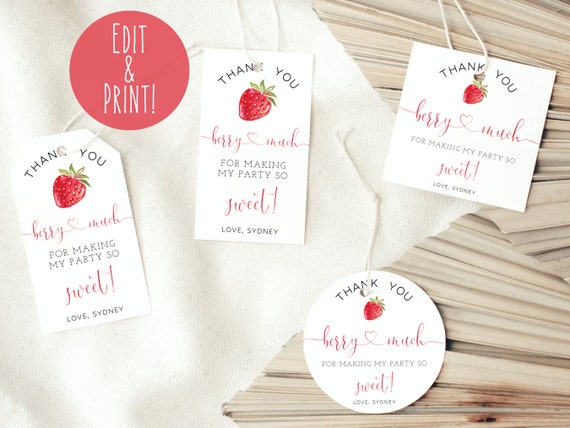 Berry First Birthday Favor Tags Template Printable Strawberry - Etsy