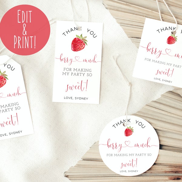 Berry First Birthday Favor Tags Template, Printable Strawberry Birthday Thank You Tags, Berry 1st Birthday Gift Tags, Berry Party Favors DIY