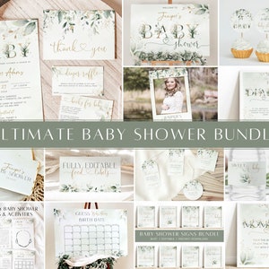 Greenery Baby Shower Invitation Bundle, Oh Baby Invitation Set, Editable Sage Green & Gold Baby Shower Invite, Eucalyptus Baby Shower Decor