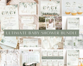 May include: A bundle of printable baby shower signs featuring a greenery and gold theme. The signs include a welcome sign, a diaper raffle sign, food labels, a guess the baby's birth date sign, a photo booth sign, and a mimosa bar sign. The signs are fully editable and come with 45 games and activities.