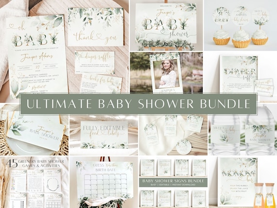 Greenery Baby Shower Invitation Bundle, Oh Baby Invitation Set, Editable Sage Green & Gold Baby Shower Invite, Eucalyptus Baby Shower Decor