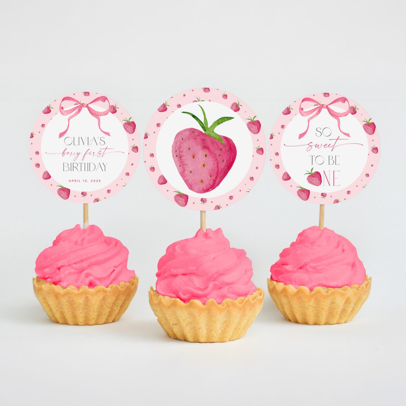 Berry First Birthday Cupcake Toppers, Strawberry Birthday Cake Toppers ...